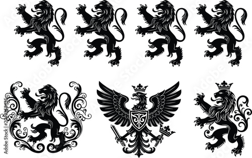 Heraldic collection of lions and crowned eagle silhouettes in traditional coat of arms style for noble emblem design