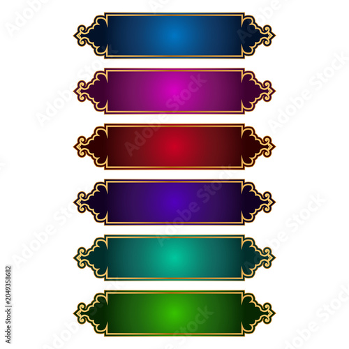 elegant 3d grey and golden arabesque design Islamic infographic banner set with frame corner, title frames, and text box vector illustration.