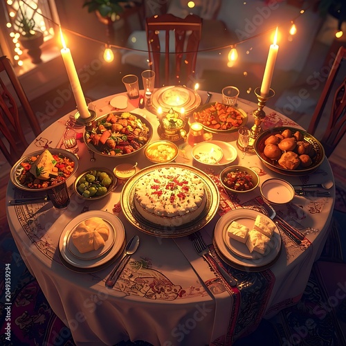 A warmly lit dining table laden with various dishes and a cake
