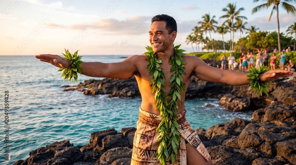 Naklejka premium Smiling Hawaiian Man Performing Traditional Hula Dance by the Ocean at Sunset