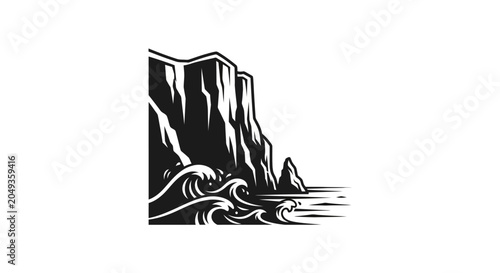 Black and white cliffside ocean waves.
