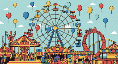 Bild auf Leinwand A vibrant cartoon illustration of an amusement park with rides and balloons