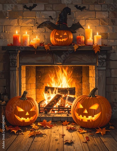 A warmly lit fireplace with carved pumpkins on a wooden floor