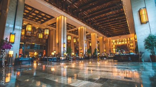 Expansive, richly decorated interior lobby of a high-end building gleams under warm lighting.