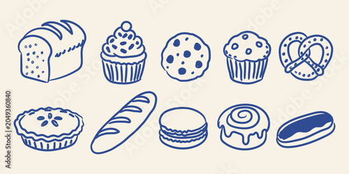 Bakery doodle collection with hand drawn pastry and dessert vector illustration