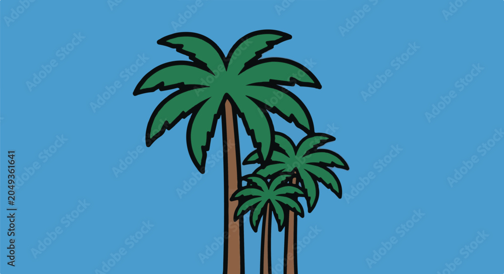 Fototapeta premium Cartoon palm trees with green fronds and brown trunks against a blue sky