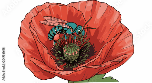 Blue bee collecting pollen from a vibrant red poppy flower