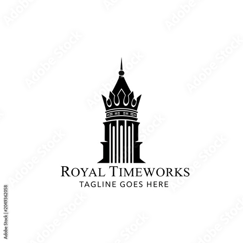 Photos Elegant architectural emblem featuring a classic clock tower topped with a crown, suitable for watchmakers, time management, or real estate firms