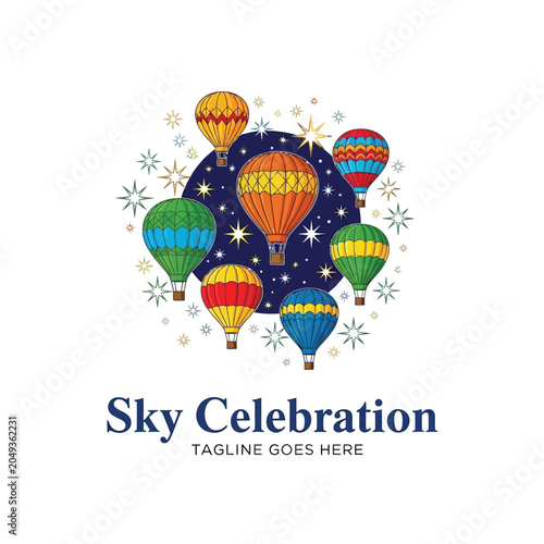 Colorful hot air balloons flying in a starry night sky for celebration event logo design