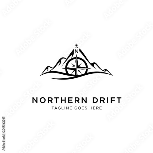 Sleek vector logo combining a compass rose with mountain peaks, suitable for navigation apps, travel agencies, and outdoor gear.