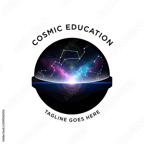 Inspiring educational logo featuring a stellar sphere filled with star maps and cosmic dust, ideal for planetariums and science platforms.