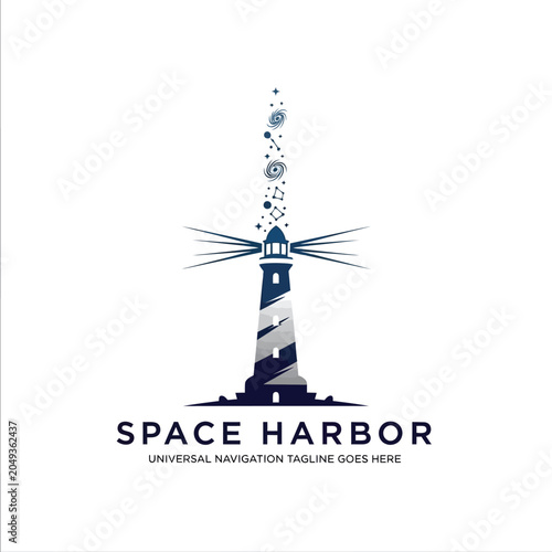 Conceptual space harbor logo with a lighthouse emitting celestial particles into a starry galaxy for cosmic navigation brands.