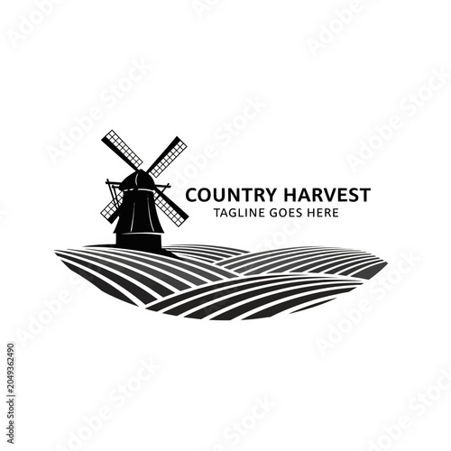 Traditional agriculture logo design featuring a windmill and fields, perfect for organic farms, flour mills, and rural food production businesses.