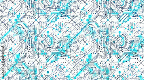 Fotografija Abstract Digital Circuit Board Pattern, Blue Neon Lines on White Background