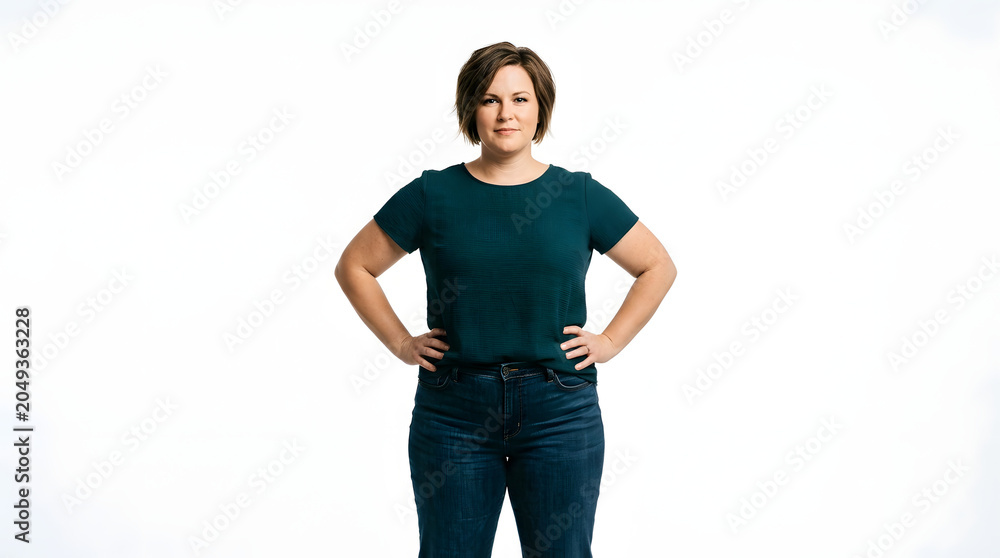 Fototapeta premium Confident woman with hands on hips wearing a teal blouse and blue jeans, looking directly at the camera with a slight smile PNG Isolated on transparent background