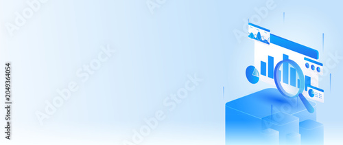 Isometric stock market data analyzing with magnifying glass, business financial data analytics dashboard, and stock market research concept web banner.