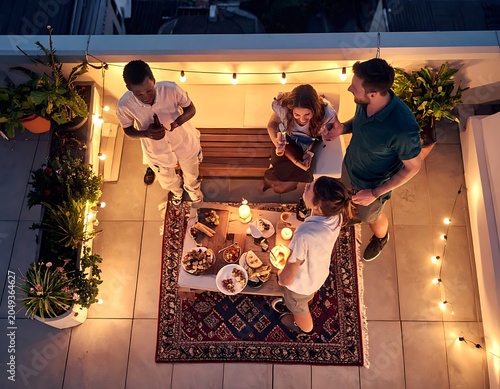 A warmly lit rooftop patio with four people gathered around a vibrant rug