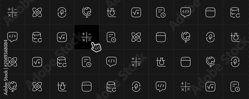 Minimalist icon set, white icons on black background, communication and social media symbols, 40 vector graphics