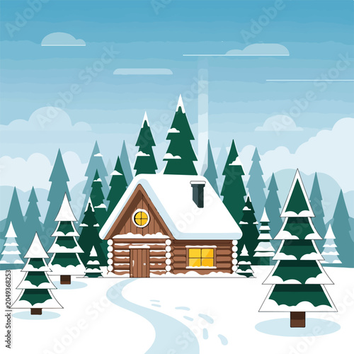 Foto A cozy log cabin in snowy forest