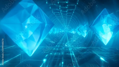 Digital abstract background with blue futuristic tunnel, glowing geometric light and particle spark, crystal form grid floor, beam network depth perspective