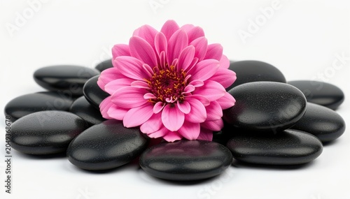 Pink Chrysanthemum on Zen Stones: A vibrant pink chrysanthemum flower rests atop a pile of smooth, dark zen stones, symbolizing tranquility, balance, and natural beauty.