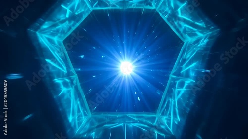 Digital abstract background blue light burst glow beam star flare glowing blue hexagon tunnel with central light and dark geometric futuristic space motion energy cosmic dynamic search optimized title