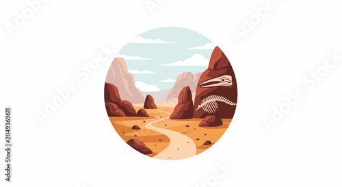 Desert landscape with embedded fossilized skeleton and winding path