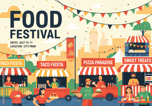 Quadro su tela A vibrant food festival scene with food stalls and people