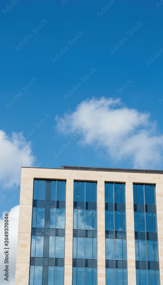 Fototapeta premium Modern Office Building Facade Under a Blue Sky