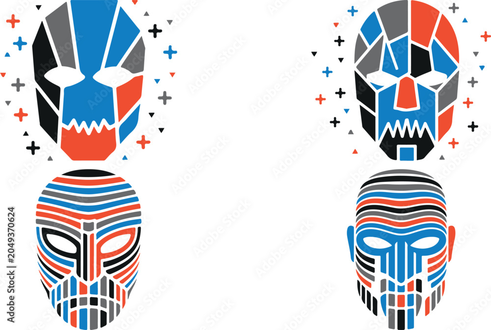 Obraz premium Colorful abstract tribal masks with geometric patterns and shapes on white background
