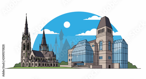 Digital illustration of two gothic churches and a modern glass building