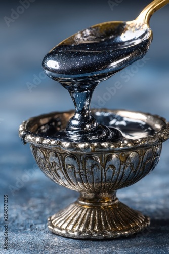 Black Caviar Luxury: Rich black caviar glides elegantly from a golden spoon into an ornate silver bowl, symbolizing gourmet indulgence and exquisite taste.