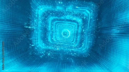 Digital abstract background with glowing blue square tunnel, radiant particle motion, futuristic geometric light pattern, dark space depth, neon corridor, radial texture, SEO friendly design