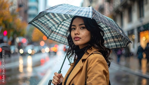 A woman in a brown coat holds a plaid umbrella on a rainy city street
