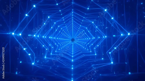 Blue digital tunnel abstract geometric web with glow line node network futuristic technology background, digital abstract background with glowing blue light, geometric tunnel pattern and futuristic