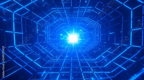 Digital abstract background with blue glowing tunnel perspective, bright light center, futuristic grid lines, radial motion, and depth for SEO search use