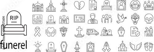 Photos Funeral and Mourning Line Icons Set Featuring Cemetery Gravestones Coffins Memor