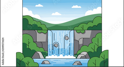 фотографія A serene waterfall flows gently down a rocky slope surrounded lush greenery