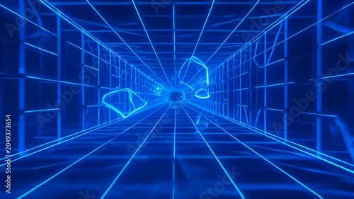 Digital abstract background blue futuristic tunnel perspective glowing grid light neon corridor motion technology data path cyber space depth and wireframe virtual space with geometric line corridor