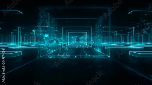 Digital abstract background with glowing cyan grid dark futuristic tunnel, geometric light frame, neon line tunnel, futuristic depth, cyber space glow, search SEO friendly background for video upload