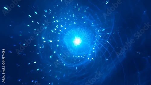 Digital abstract background with blue light tunnel, glow particles, web pattern, futuristic energy vortex, luminous swirl, dark space center for searchable SEO use