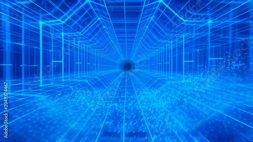 Digital abstract background blue light tunnel with grid line and glowing data futuristic perspective, neon grid lines depth motion cyber space technology pattern, blue neon grid tunnel glowing light