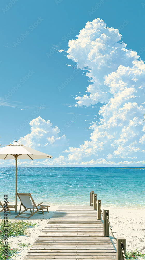 Fototapeta premium Tropical beach with turquoise ocean and dramatic summer clouds,夏の海辺と青空に広がる巨大な積乱雲