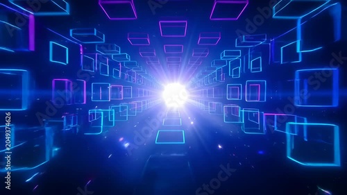 Digital abstract background with neon cube tunnel, glowing light and futuristic blue depth, abstract background neon tunnel of glowing square frame in blue and magenta light, bright center motion