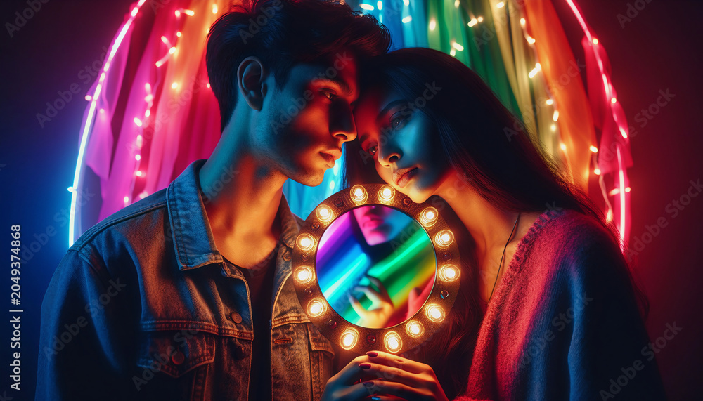 Fototapeta premium Couple LGBT Man Woman iluminated by rainbow colors pride