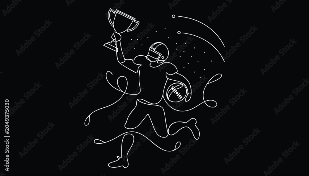 Naklejka premium American football player celebrating victory holding trophy on black background