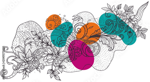 Abstract hand drawn floral illustration with colorful shapes