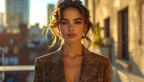 A woman in a brown plaid blazer stands on a city rooftop