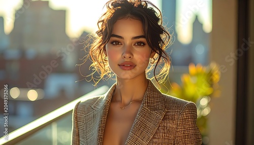 A woman in a brown plaid blazer standing in front of a cityscape