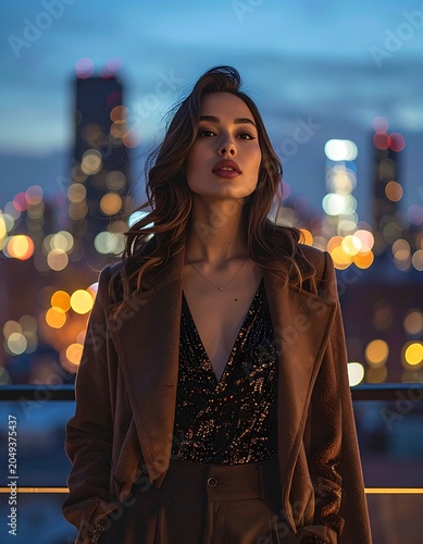 A woman in a brown suit stands on a city rooftop